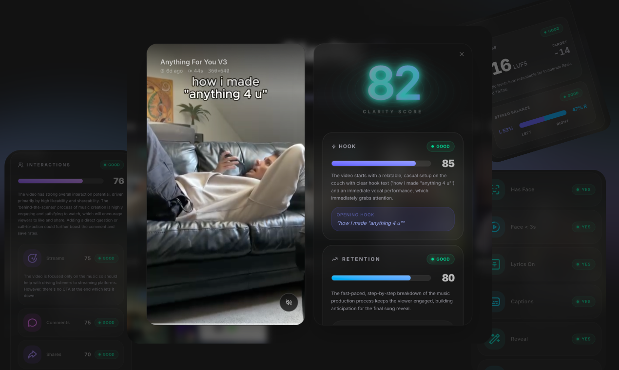 MusicMinutes Clarity tool giving feedback on a musician's TikTok video before posting