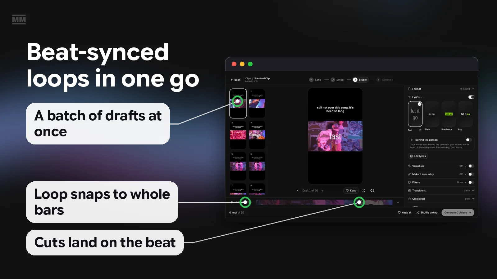 MusicMinutes Clips Studio with a batch of drafts, cut speed and a bar-length loop